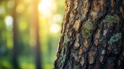 Obraz premium Close-up of tree bark texture with sunlit forest background.