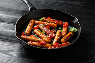 Sticky Teriyaki Sausages with sesame seeds, chili and herbs in a cast iron pan
