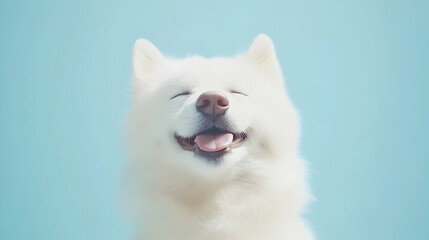 Adorable fluffy white dog smiling happily against a serene light blue background. Perfect for pet-related projects, websites, or social media.