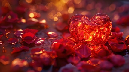 A close-up of a Valentine's Day greeting card featuring a heart-shaped design, surrounded by rose petals and soft, warm lighting.