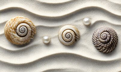 Serene seashells and pearls nestled in wavy sand, creating a calming beach scene. Perfect for spa, relaxation, or coastal themes.