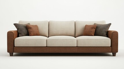 Beige and brown fabric sofa with pillows on white background.