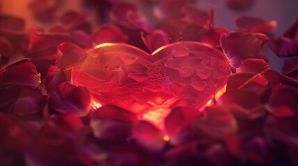 A close-up of a Valentine's Day greeting card featuring a heart-shaped design, surrounded by rose petals and soft, warm lighting.