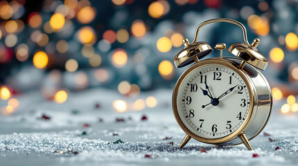 Vintage alarm clock on a snowy surface with Christmas lights in the background, perfect for holiday countdowns, New Year's Eve celebrations, or illustrating the passage of time during the festive seas