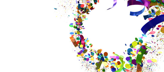 Abstract background image of colorful confetti exploding and spreading out on a white background.