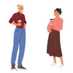 Hipster man young woman cartoon good friends characters drinking takeaway coffee isolated on white