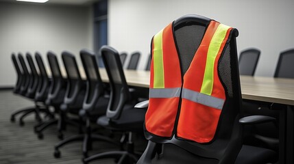 Reflective safety vest on an office chair in a conference room. Workplace safety focus.