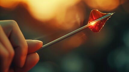 A close-up of Cupida??s hand drawing back a silver arrow, with a faint glow surrounding the arrowa??s tip, set against a soft blurred background.