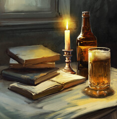 Old books and glass of beer, oil paintings landscape, fine art