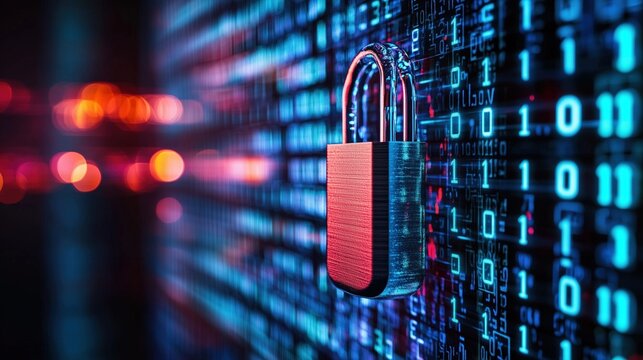 Digital lock with glowing binary code in the background. Cybersecurity visualization.