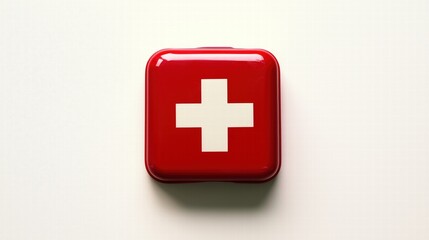 Obraz premium Red first aid box with cross symbol on off-white background. healthcare and emergency gear