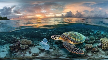 Fototapeta premium Sea turtle near plastic bag in ocean at sunset.