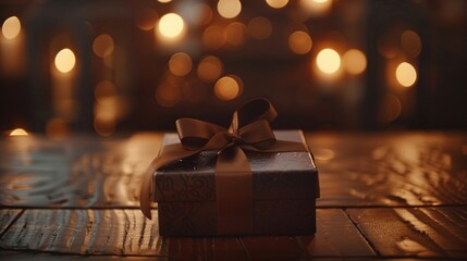 A close-up shot of an elegantly wrapped chocolate box tied with a satin ribbon, placed on a polished wooden table, with soft ambient lighting.