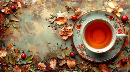 Warm autumn tea served in a vintage cup with seasonal decorations