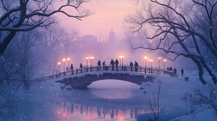 Snowfall over bridge, people walking, winter scene.