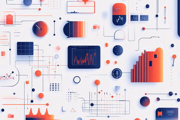 a clean abstract infographic design featuring colorful charts graphs lines and icons with a focus on data visualization in red and blue tones  
