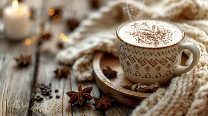 Cozy ambiance with a fragrant cup of spiced coffee on a wooden table