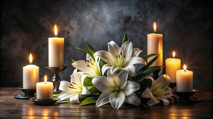 Mourning table adorned with white lilies and white candles