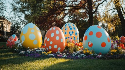 Colorful Easter Eggs Displayed Amidst Vibrant Flower Garden Scene