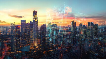 Fototapeta premium Cityscape sunset with superimposed financial data.