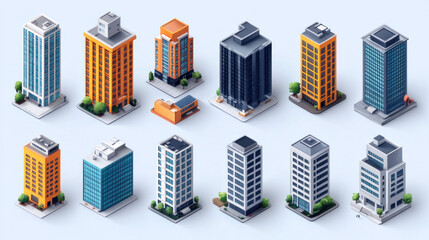 A flat set of building icons including skyscrapers, houses, and industrial structures