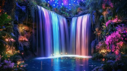 Fototapeta premium Magical iridescent waterfall at night in lush tropical paradise.