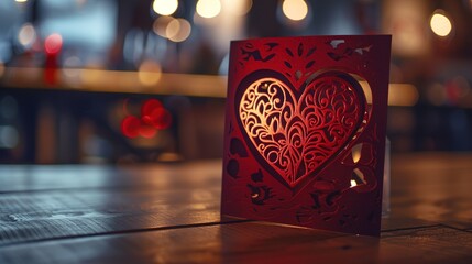 A close-up shot of a beautifully designed Valentine's Day greeting card with a heart motif, placed on a wooden surface with soft lighting in the background.