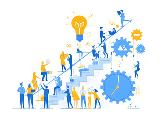 Teamwork and Time Management Concept with Gears, Clock, and People Collaboration