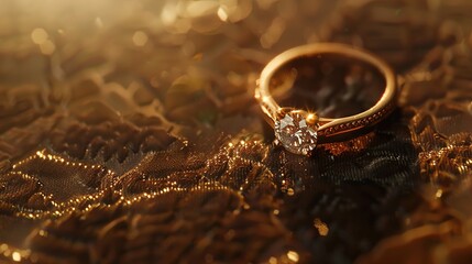 A close-up shot of a gold engagement ring with a sparkling diamond, resting on a velvet surface with soft lighting highlighting its shine.