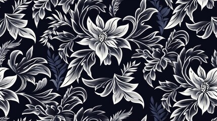 Obraz premium A floral pattern featuring elegant white flowers and leaves on a dark background.