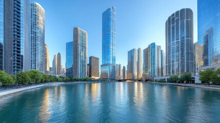 Fototapeta premium A modern urban background featuring clean-lined skyscrapers under a clear blue sky