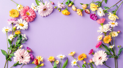 Colorful flowers arranged in a frame on a purple background, perfect for spring celebrations, Mother's Day greetings, or floral-themed designs.