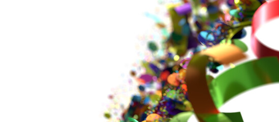 A vibrant explosion of colorful confetti and ribbons on a white background. Perfect for celebration, party, and festive designs.