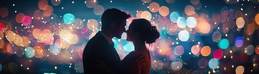 Fototapeta premium Romantic Silhouette of Couple Against a Colorful Bokeh Background at Night with Soft Sparkles and Lights