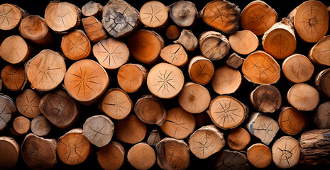 Fototapeta premium Panoramic background, wood firewood texture - AI generated image