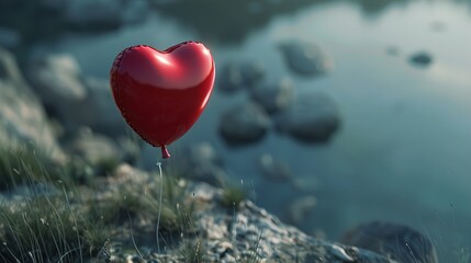A close-up shot of a single red heart-shaped balloon tied to a silver string, gently swaying in a light breeze.