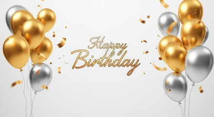 Happy birthday celebration with golden and silver balloons