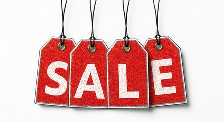 Red sale tags hanging together, promoting discounts and offers