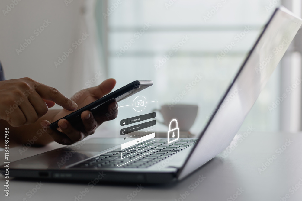 Fototapete Account access app to sign in securely or receive verification codes by email or text message. cyber security in two-step verification, Login, User, identification information security and encryption.