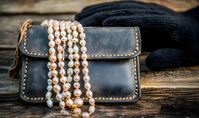 Elegant pearl necklace resting on a rustic leather purse, accompanied by black gloves on a weathered wooden surface.