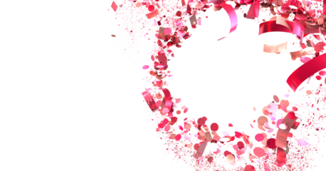 Pink confetti and ribbons swirl around