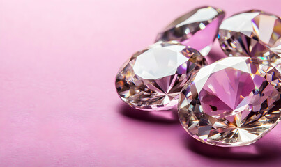 Sparkling diamonds on a pink background, close-up shot showcasing their brilliance and facets.  Luxury, elegance, and precious gemstones are emphasized.