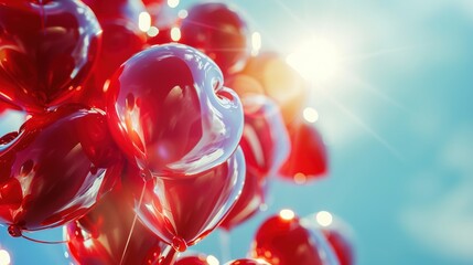A cluster of bright red heart-shaped balloons floating in a clear blue sky, with soft sunlight shining through them.
