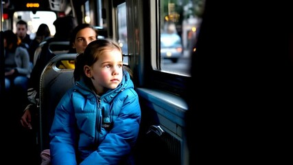A young child in a blue jacket sitting on a crowded public bus, daily urban commuting life.
