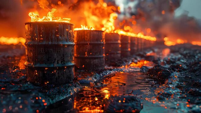 Burning oil barrels in a factory, close-up. Industrial background