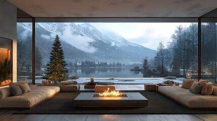 Aesthetic modern minimalist interior design with Merry Christmas tree. Panoramic windows. Winter view.