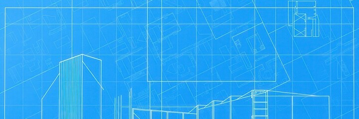 Blue print photo effect overlay on an architectural blueprint, plan, abstract