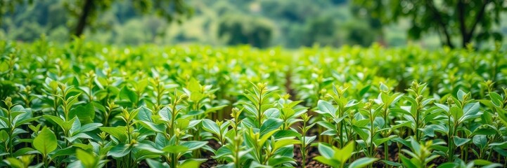 Obraz premium Coffee bean seedlings growing in a vibrant green nature background, farming, ecology