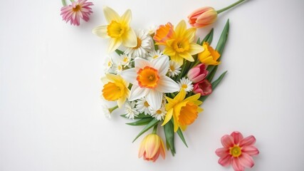 Colorful spring flowers including tulips, daisies, and daffodils arranged on a white paper background, arrangement, bloom, flat lay