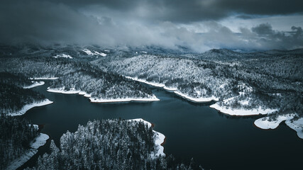 Lake during winter with trees covered in snow and dark skies